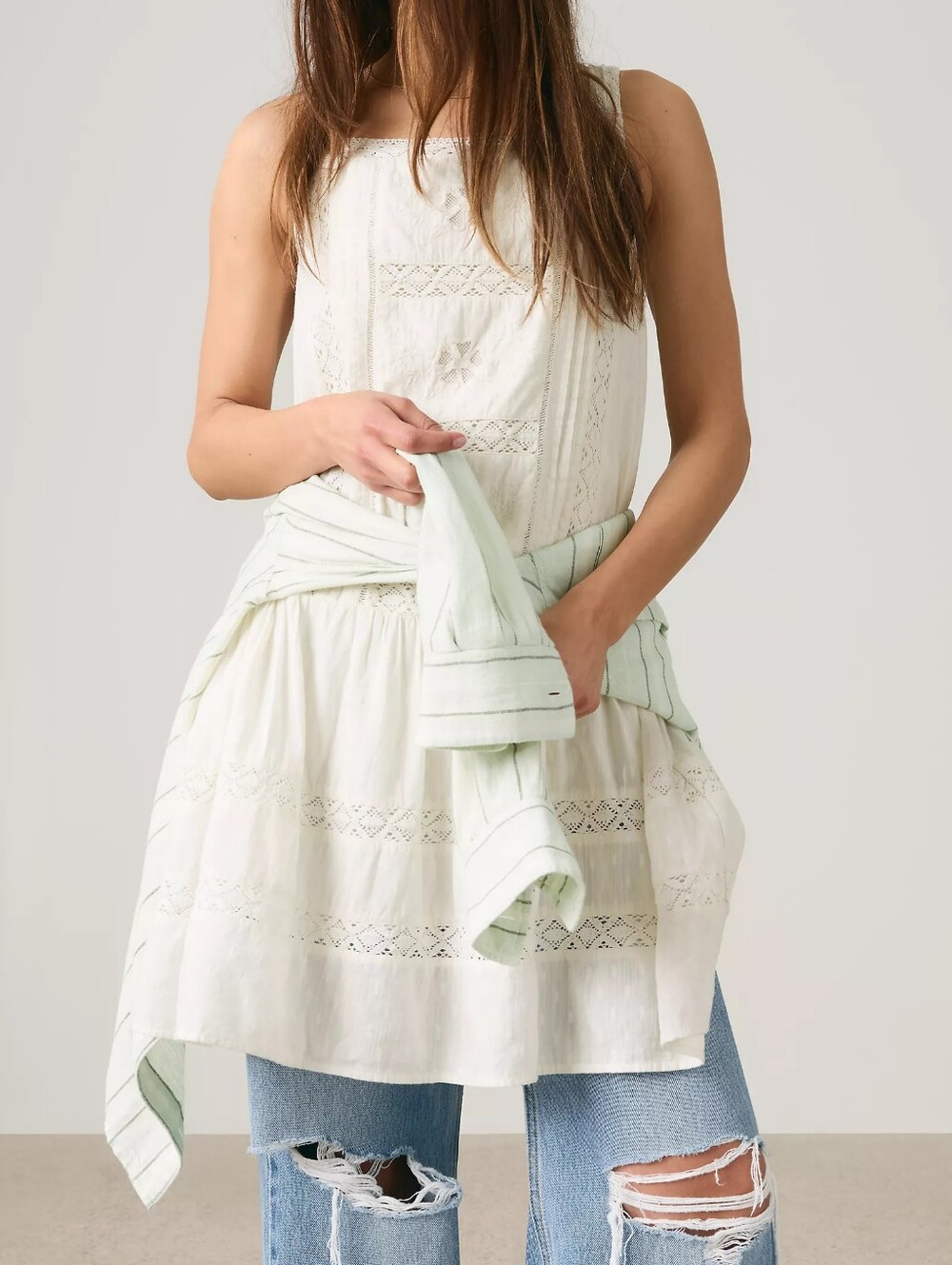 Cream Lace-Trim Sleeveless Mini Dress